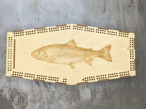 Tabletop Cribbage Board - hexagonal shape with trout design