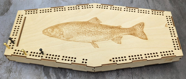 Tabletop Cribbage Board - hexagonal shape with trout design