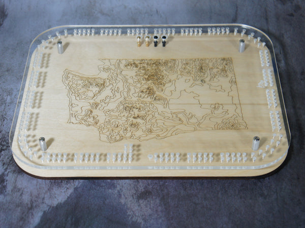 WA State Topographic Cribbage Board - with acrylic top