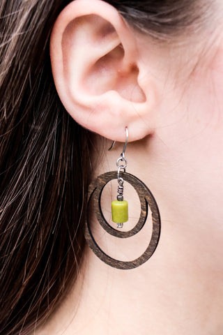 Earring - wood double circle design with bead